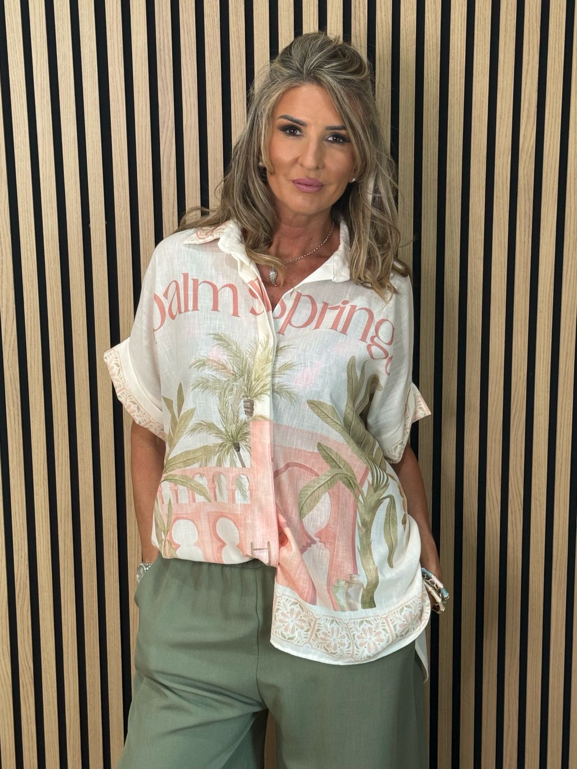 Printed Oversized Linen Blend Shirt - Cream/Pink