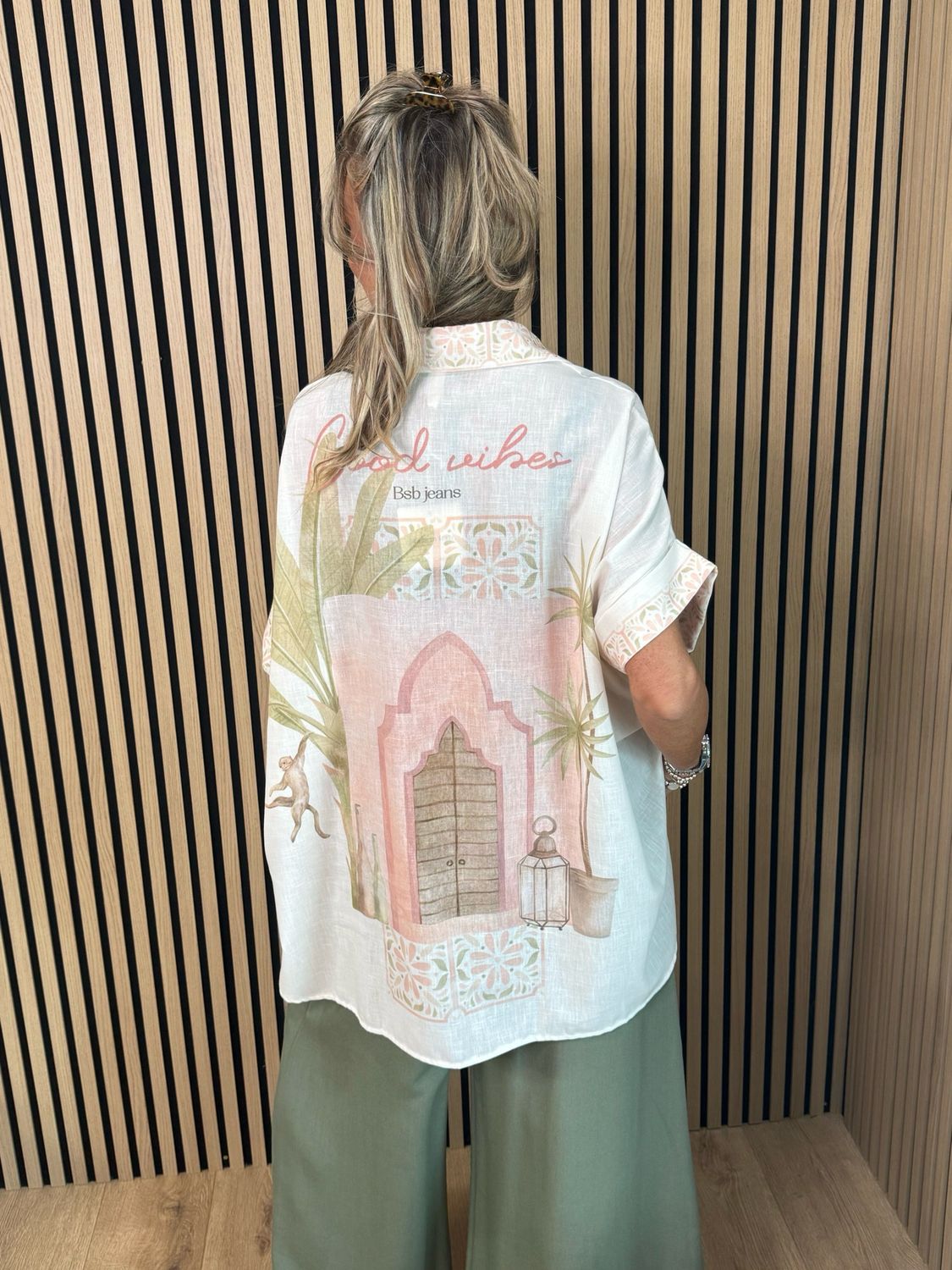Printed Oversized Linen Blend Shirt - Cream/Pink