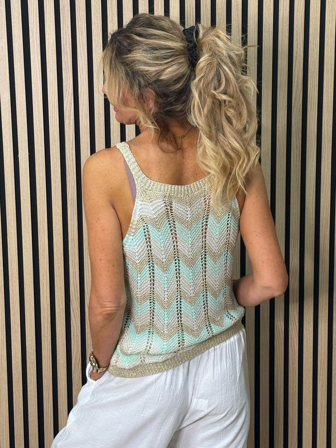 Chevron Knit Sleeveless Top - Taupe/Gold/Mint