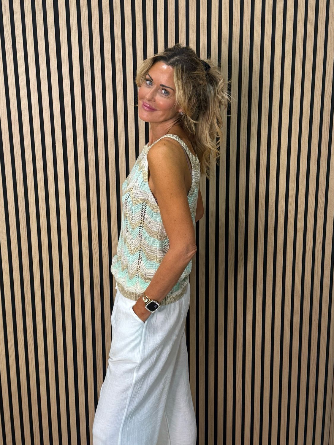 Chevron Knit Sleeveless Top - Taupe/Gold/Mint