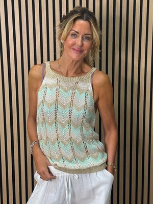 Chevron Knit Sleeveless Top - Taupe/Gold/Mint