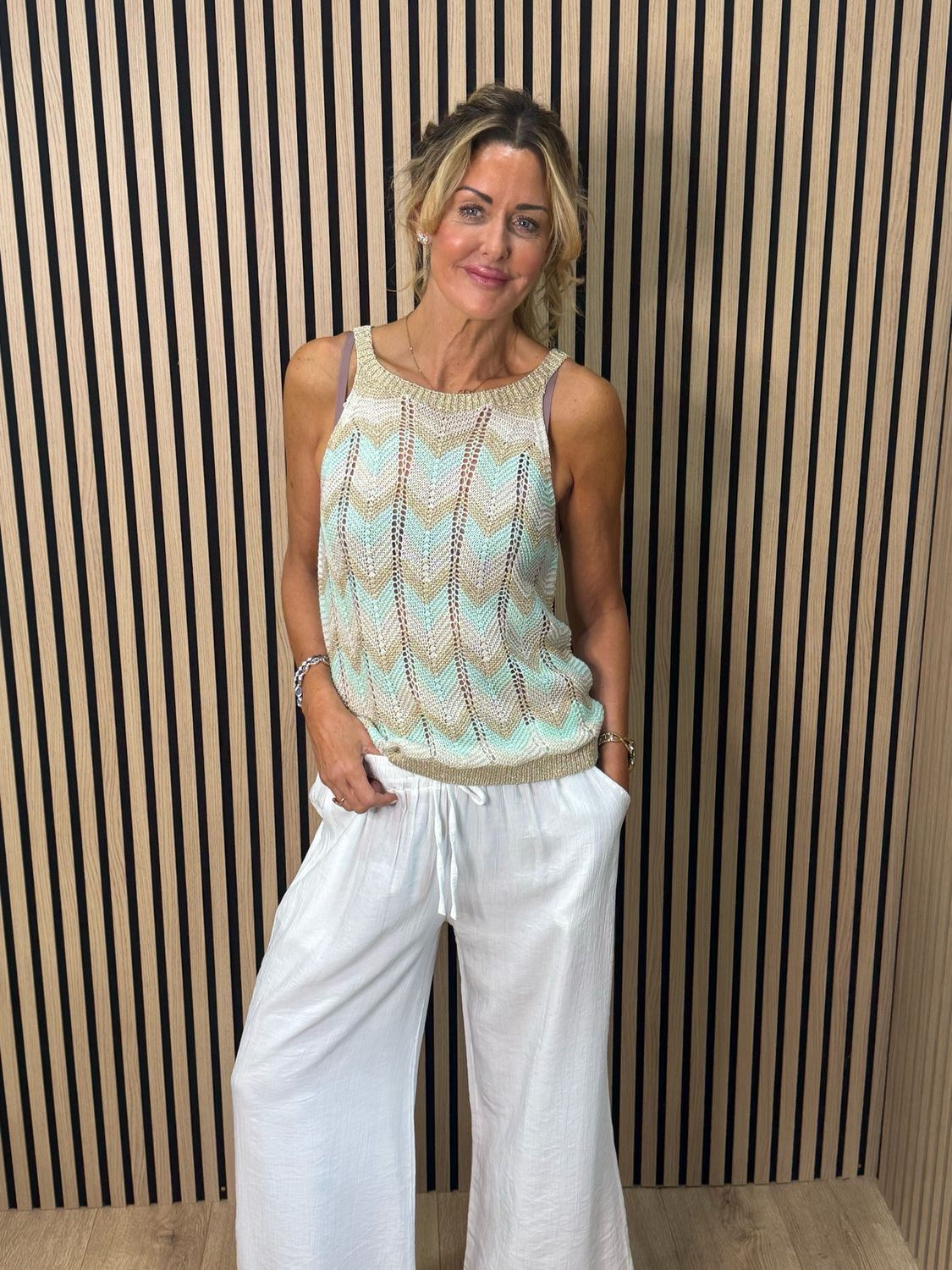 Chevron Knit Sleeveless Top - Taupe/Gold/Mint