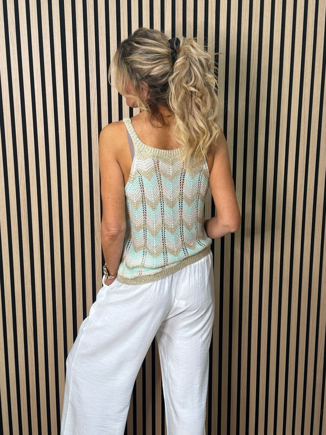 Chevron Knit Sleeveless Top - Taupe/Gold/Mint