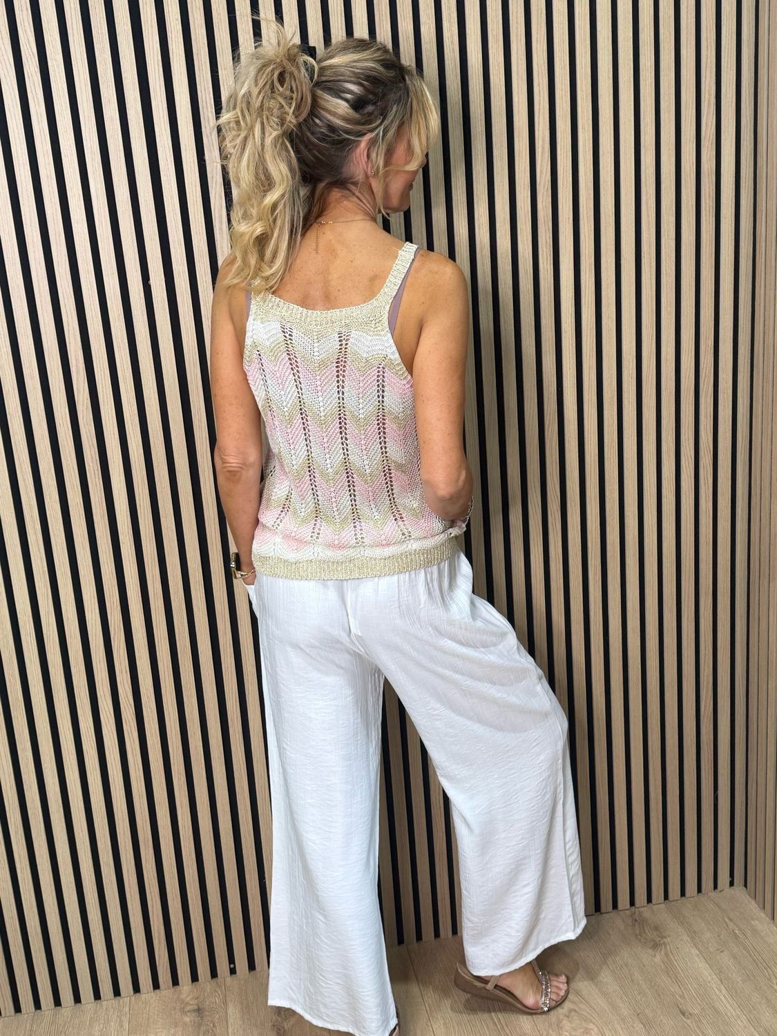 Chevron Knit Sleeveless Top - Taupe/Pink/Gold