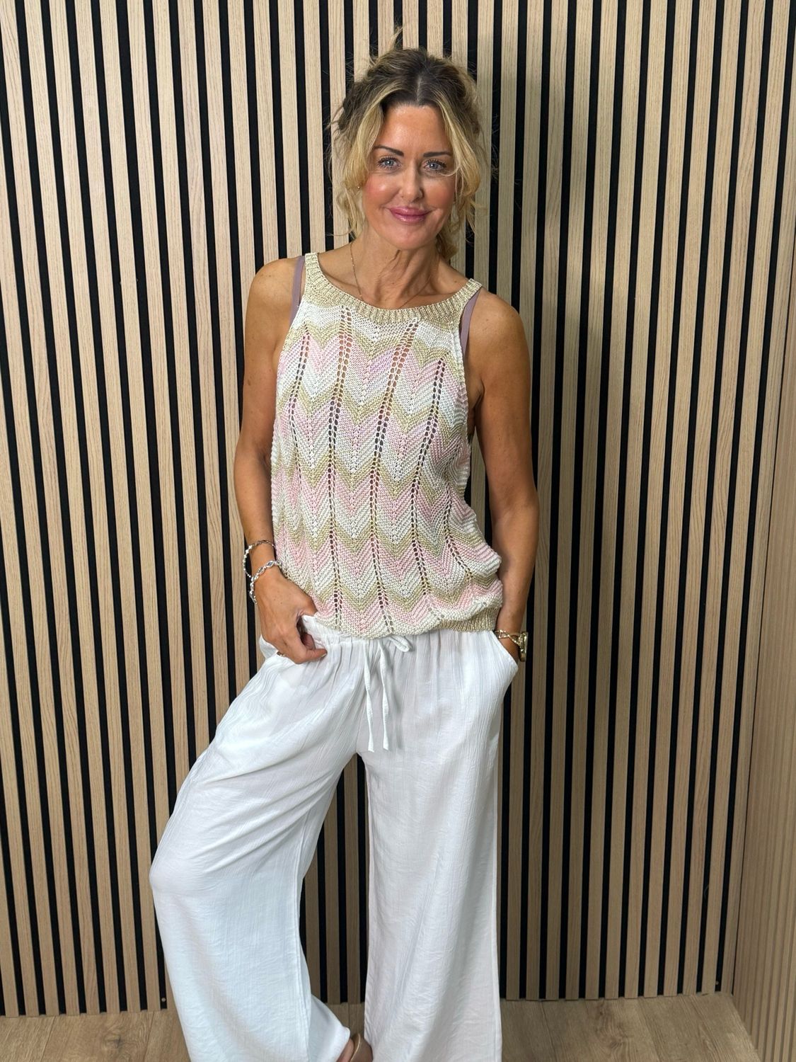Chevron Knit Sleeveless Top - Taupe/Pink/Gold
