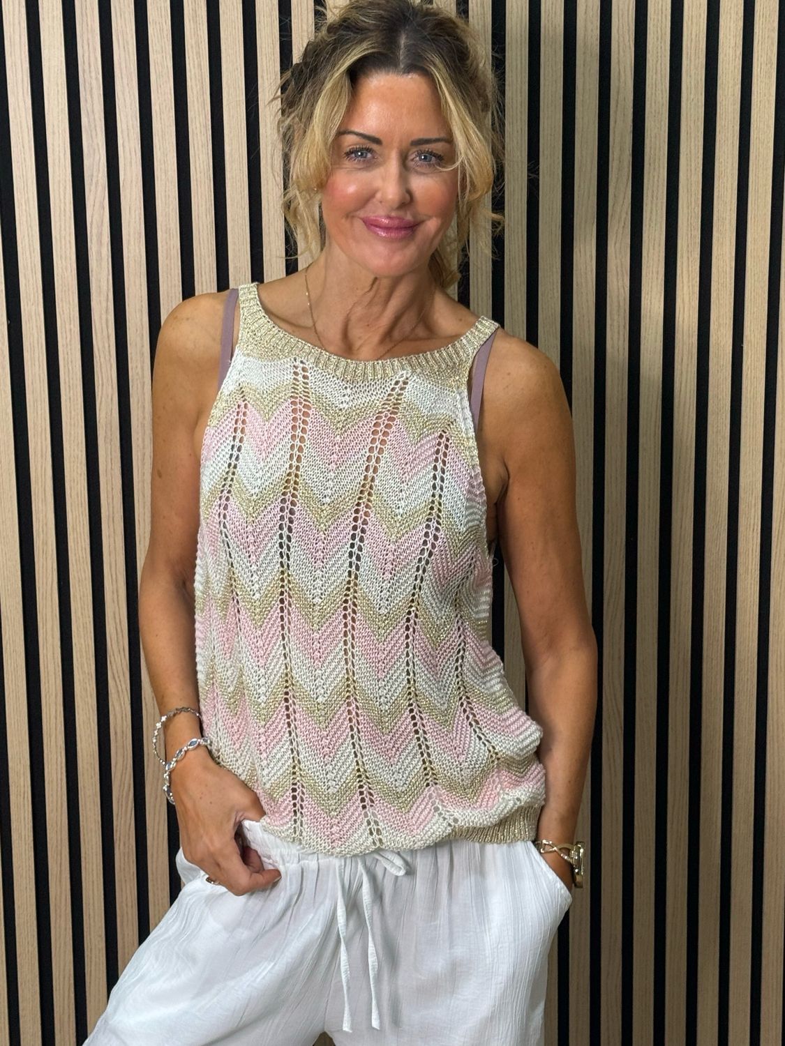 Chevron Knit Sleeveless Top - Taupe/Pink/Gold