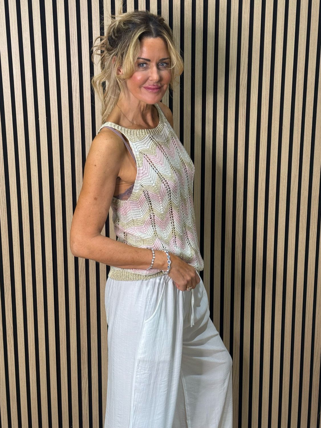 Chevron Knit Sleeveless Top - Taupe/Pink/Gold