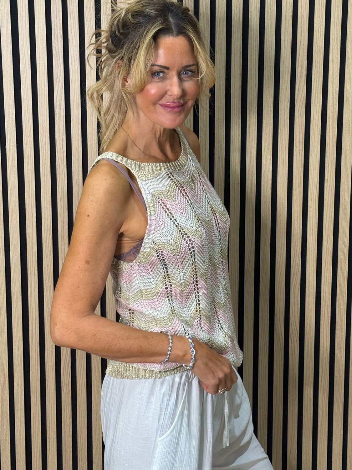 Chevron Knit Sleeveless Top - Taupe/Pink/Gold