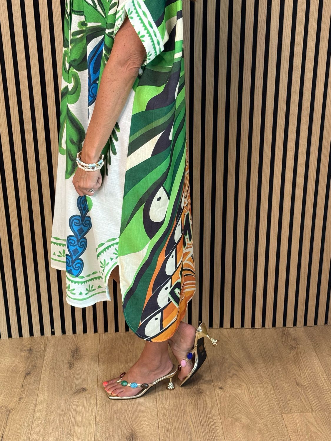 Tropical Print Button Front Dress - Green/Orange