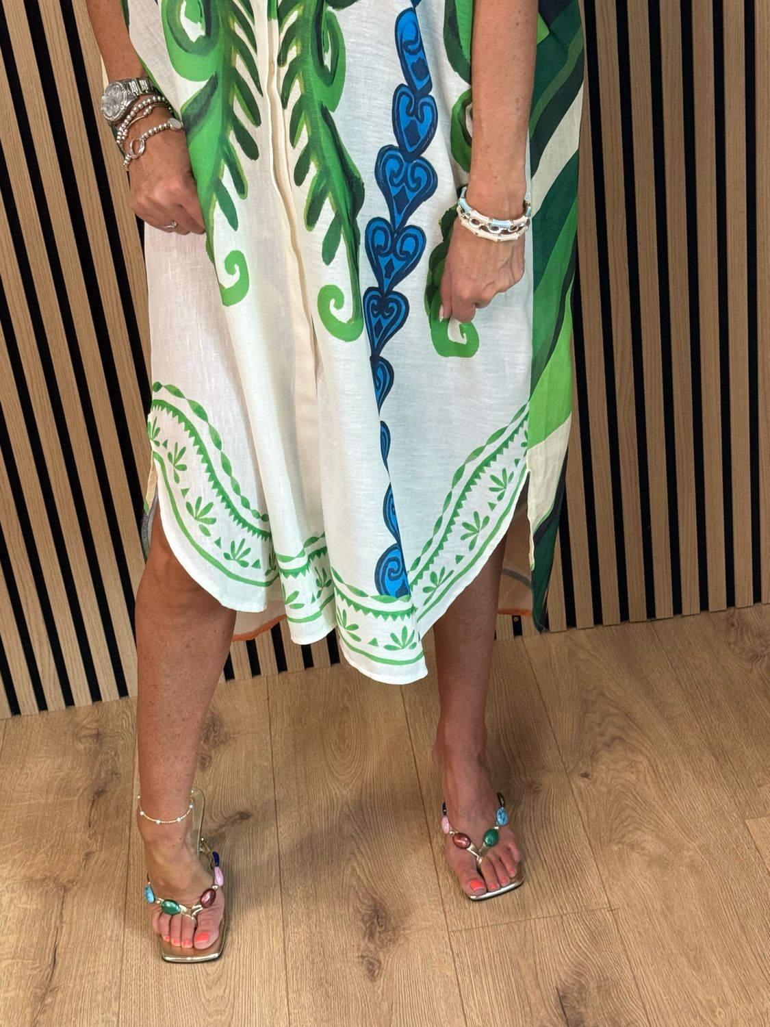 Tropical Print Button Front Dress - Green/Orange