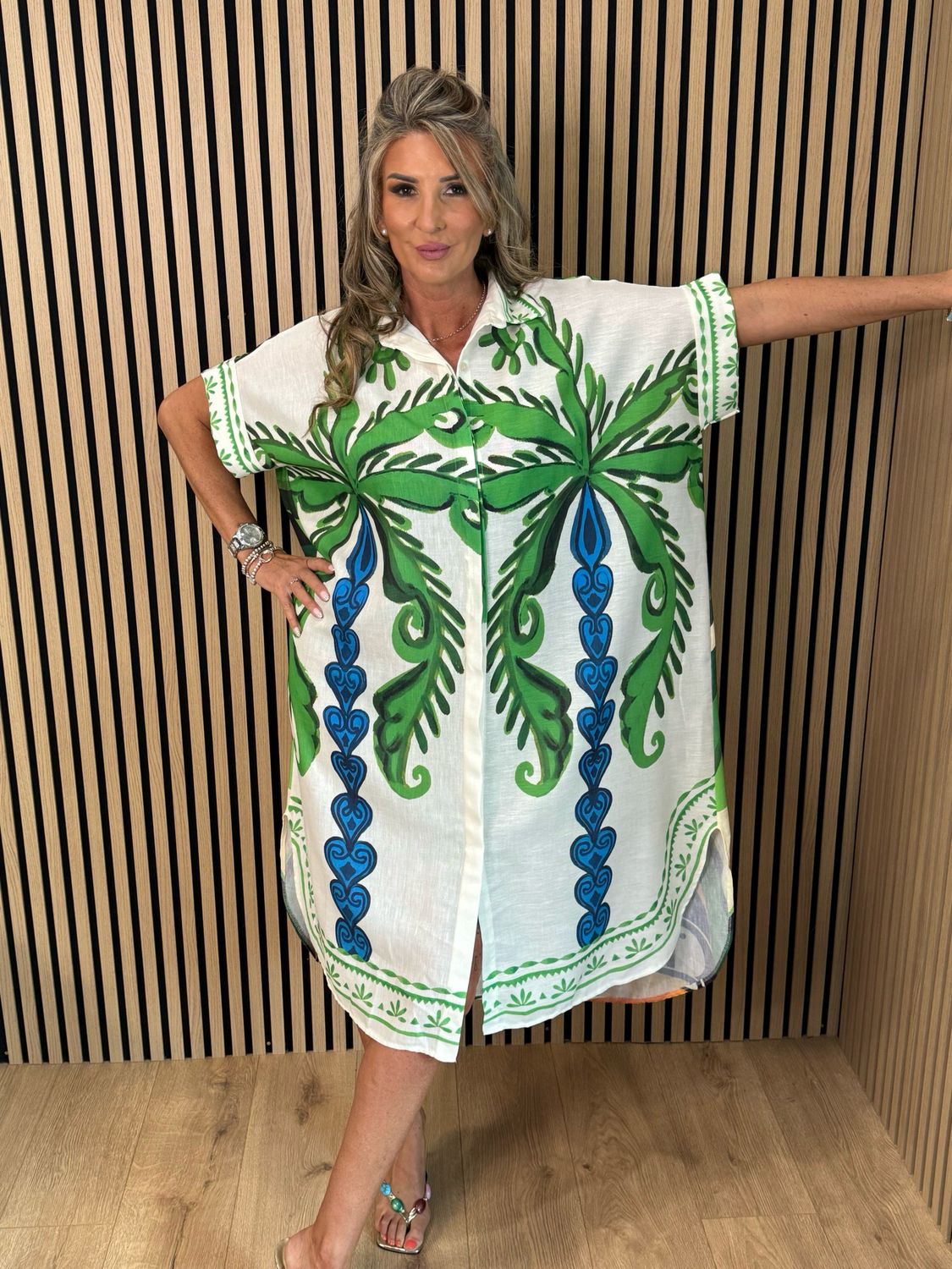 Tropical Print Button Front Dress - Green/Orange