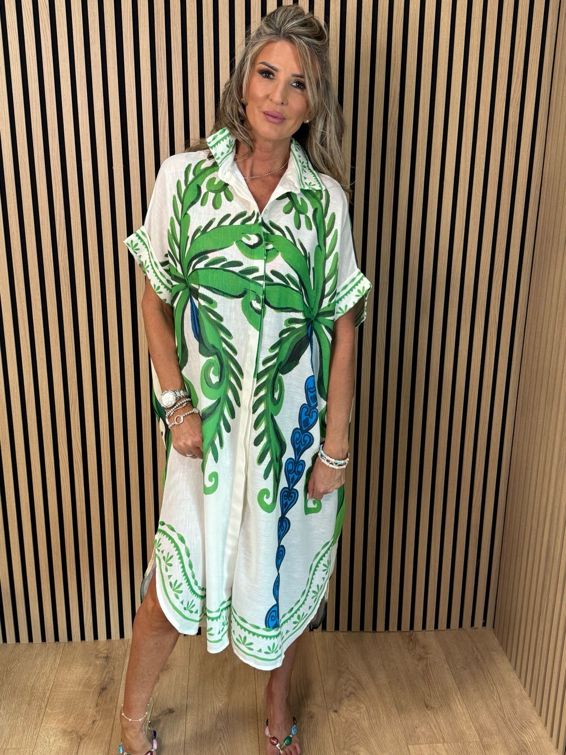 Tropical Print Button Front Dress - Green/Orange