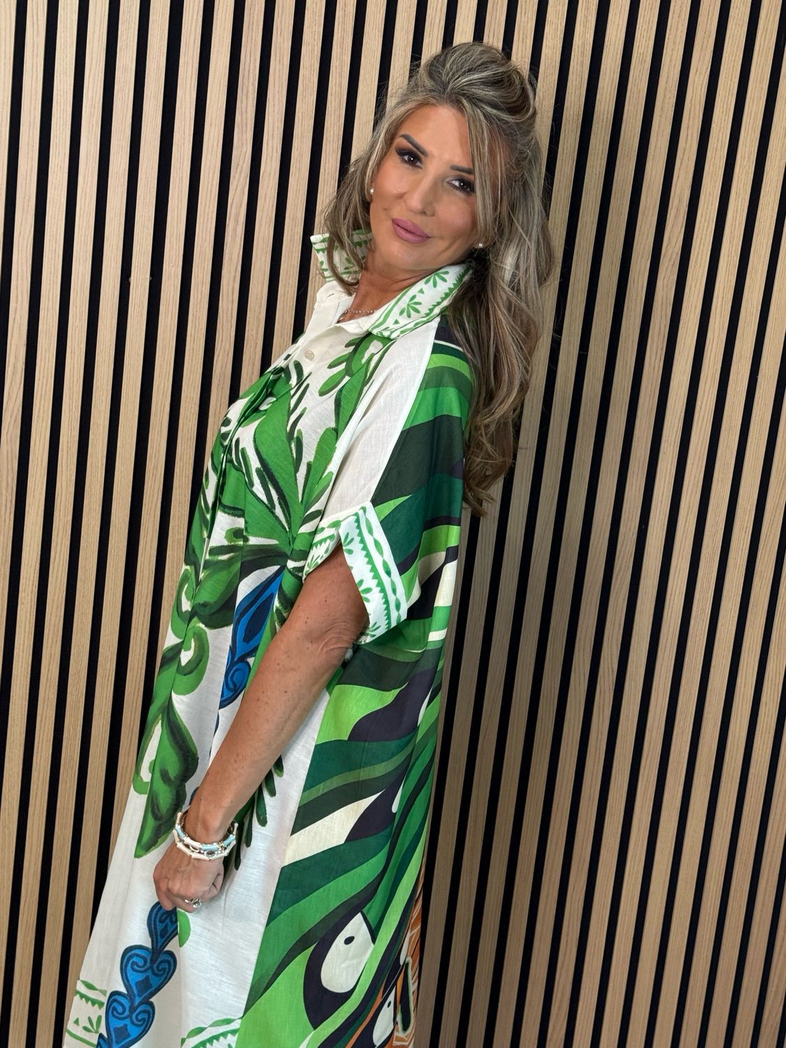 Tropical Print Button Front Dress - Green/Orange