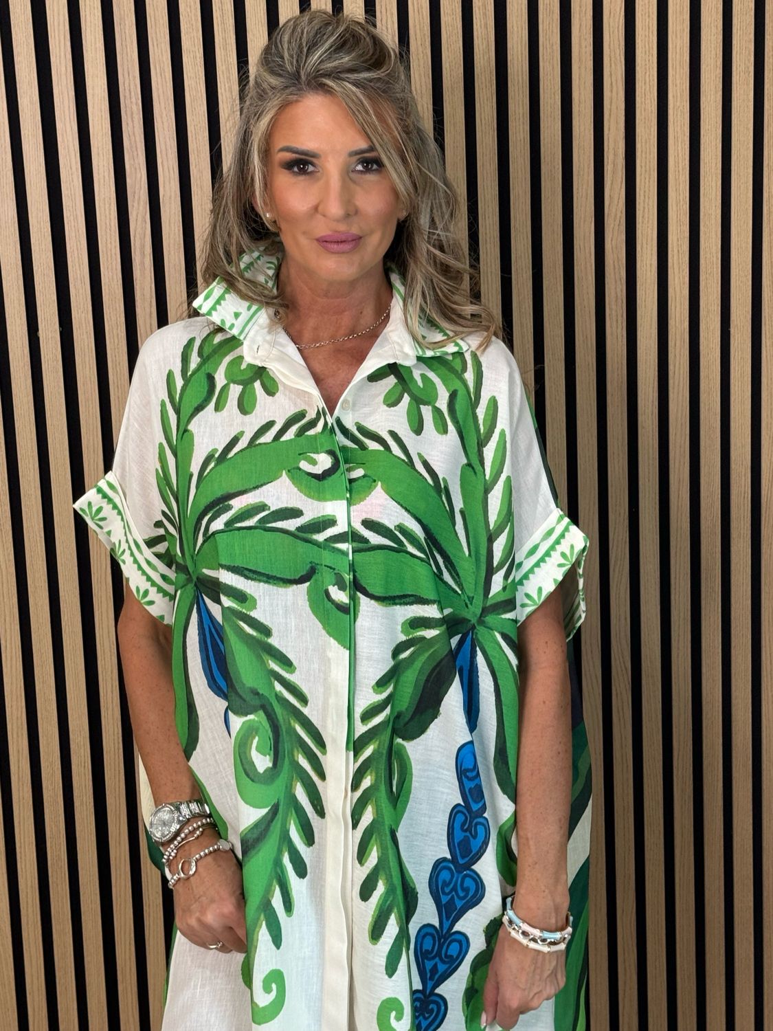 Tropical Print Button Front Dress - Green/Orange