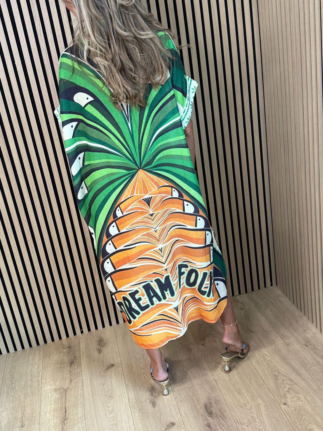 Tropical Print Button Front Dress - Green/Orange