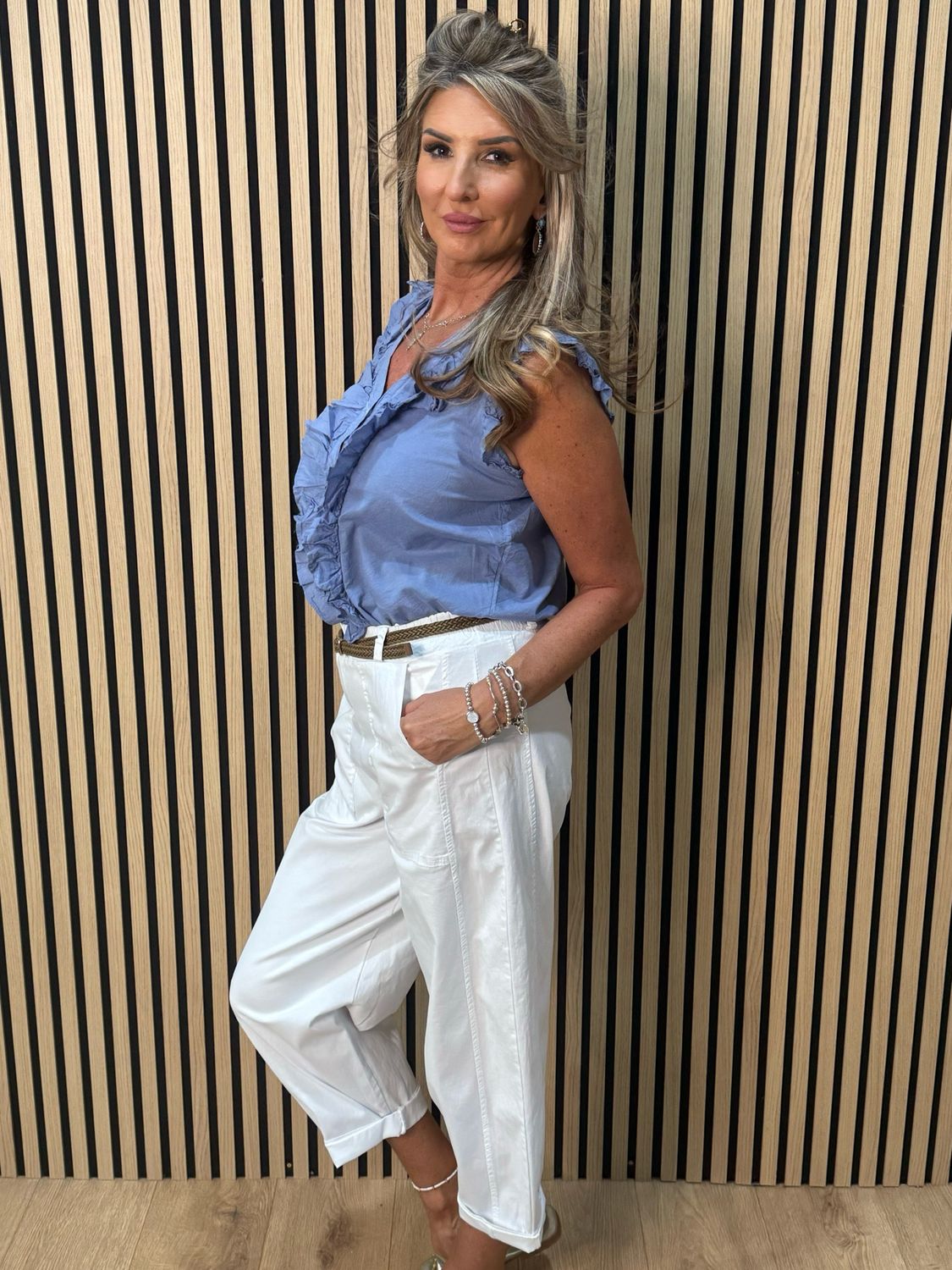 Frill Detail Cotton Blouse - Denim Blue