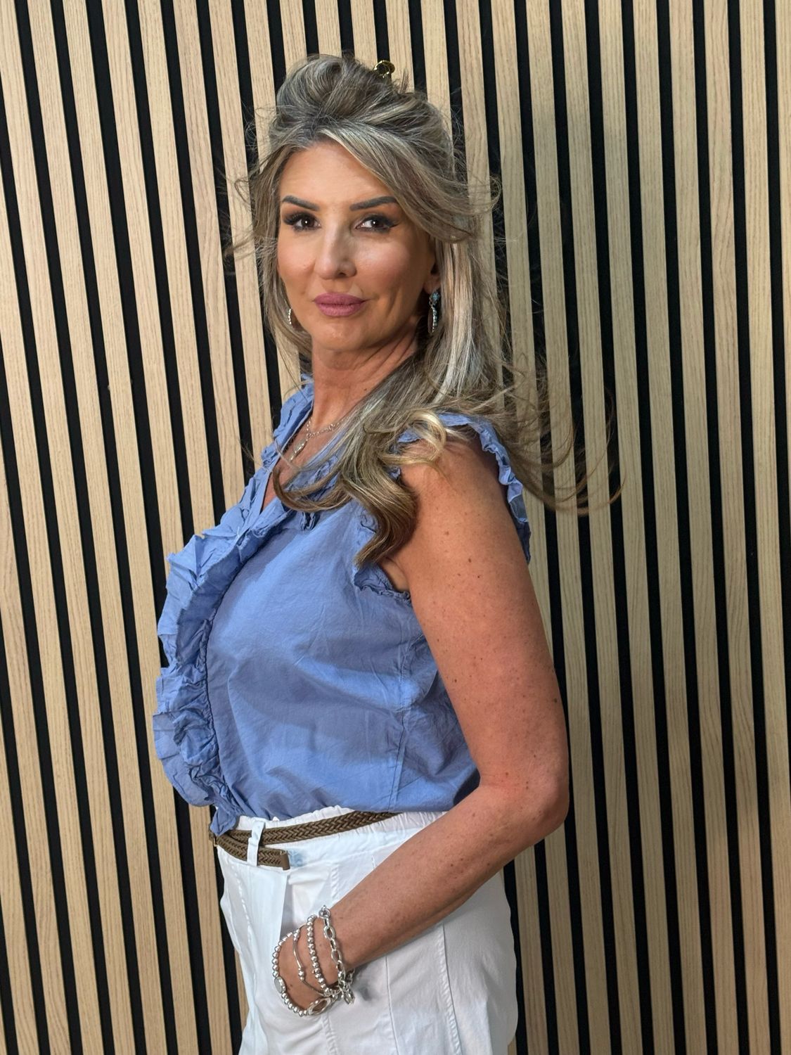 Frill Detail Cotton Blouse - Denim Blue