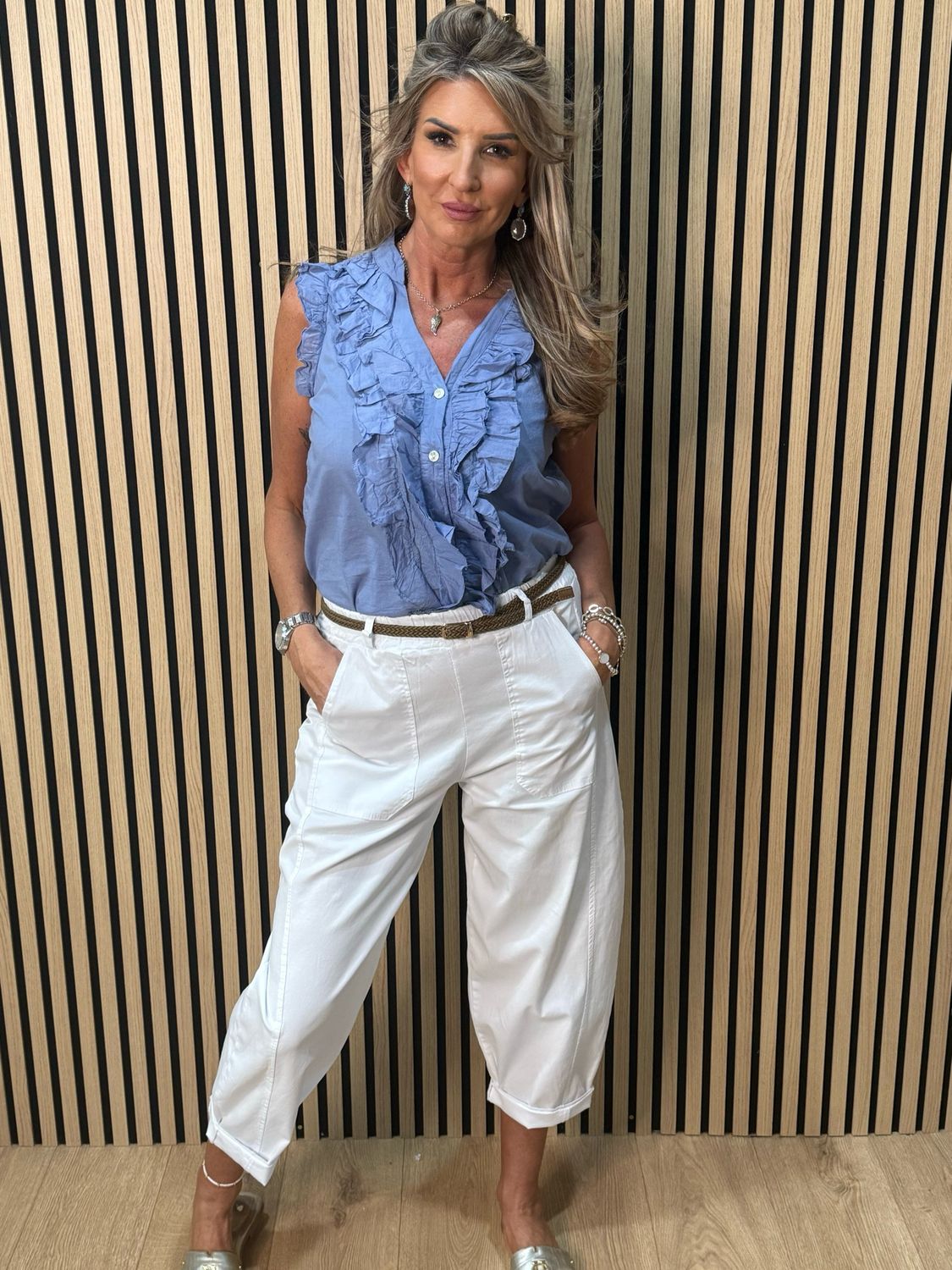 Frill Detail Cotton Blouse - Denim Blue