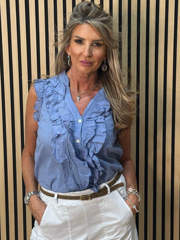 Frill Detail Cotton Blouse - Denim Blue