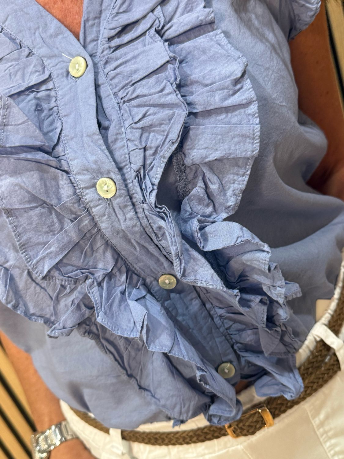 Frill Detail Cotton Blouse - Denim Blue