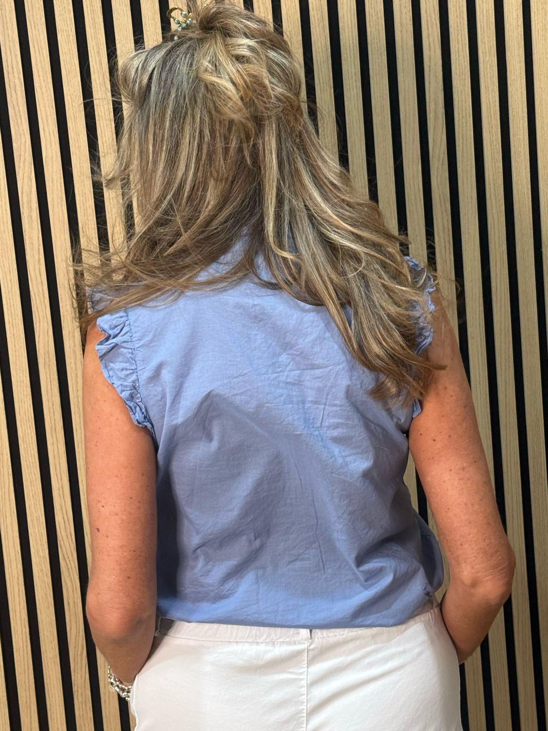 Frill Detail Cotton Blouse - Denim Blue