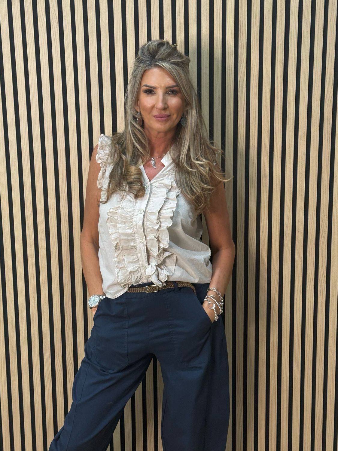 Frill Detail Cotton Blouse - Stone