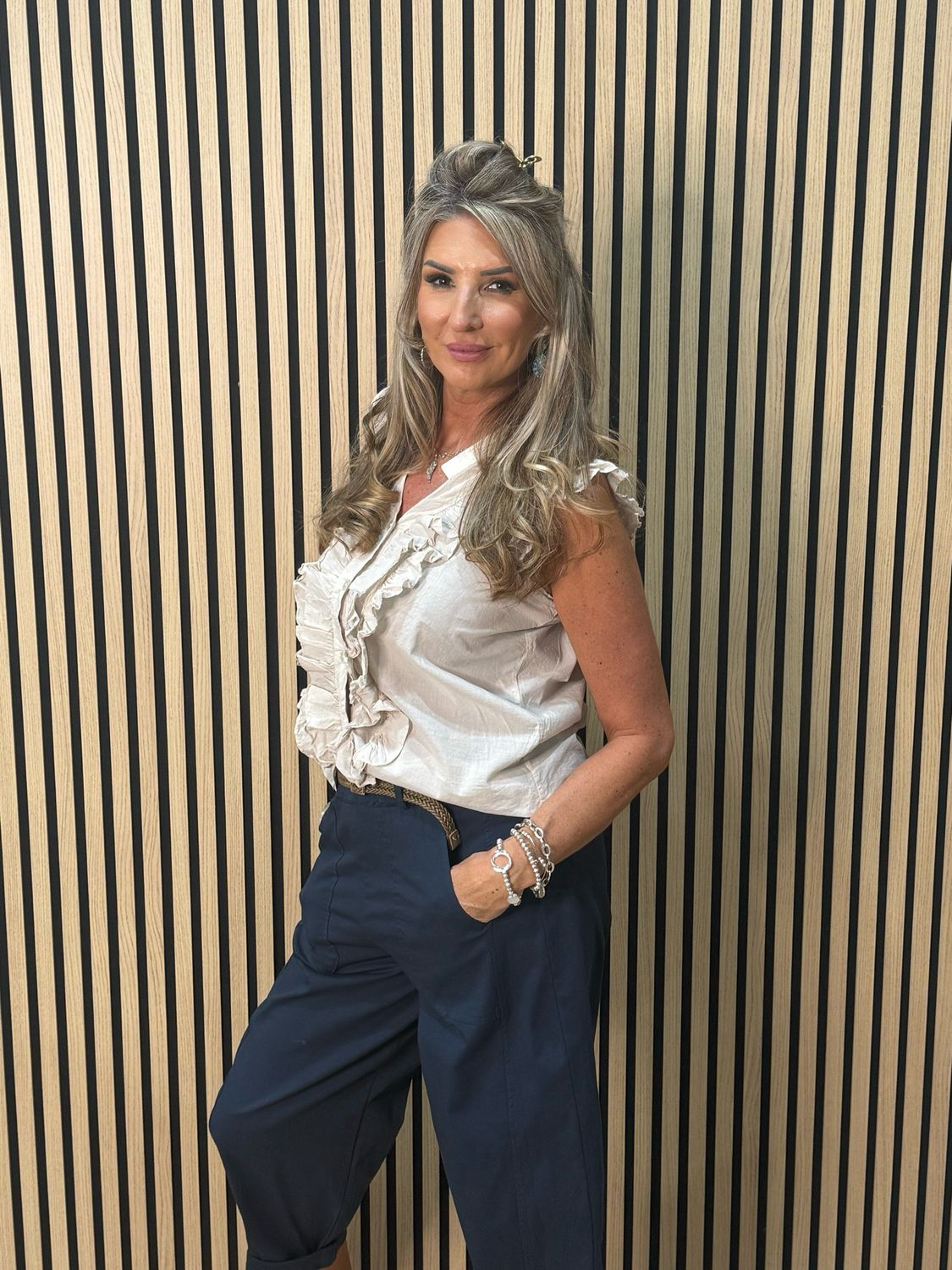 Frill Detail Cotton Blouse - Stone