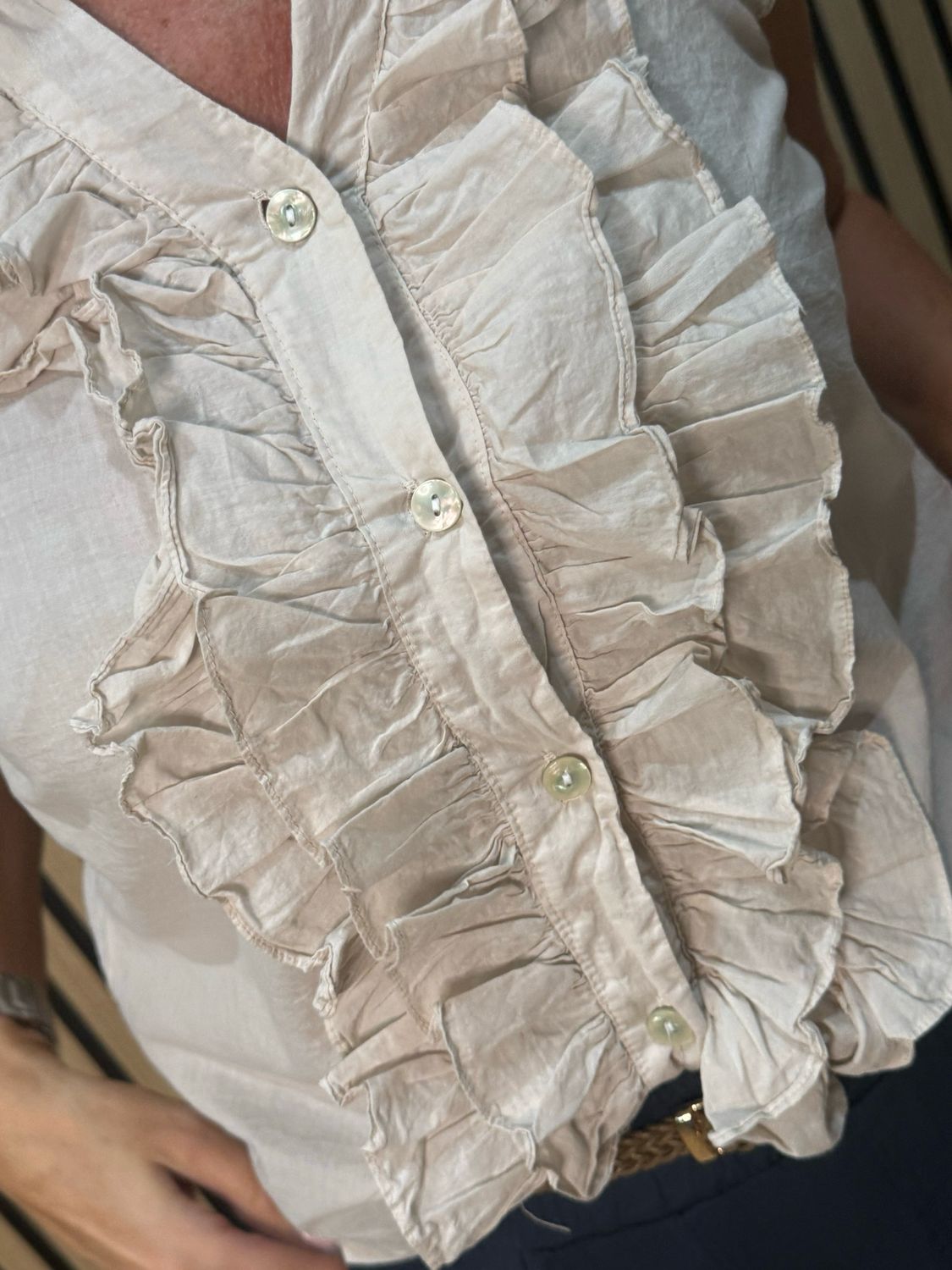 Frill Detail Cotton Blouse - Stone