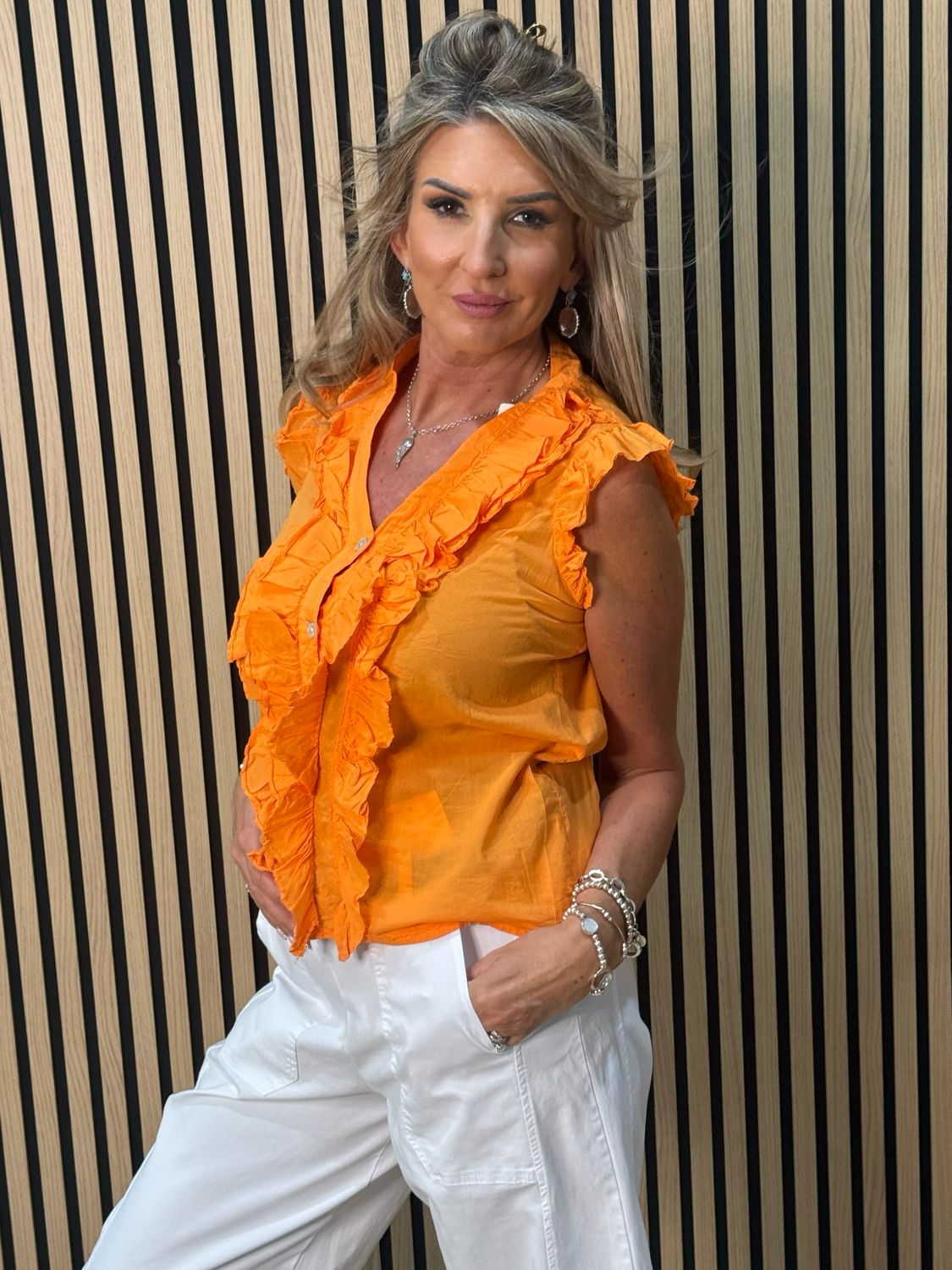 Frill Detail Cotton Blouse - Orange