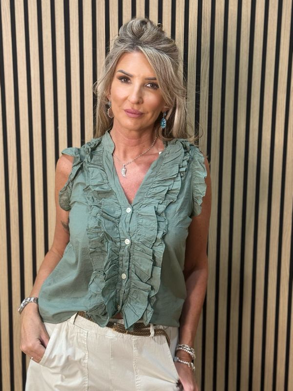 Frill Detail Cotton Blouse - Khaki