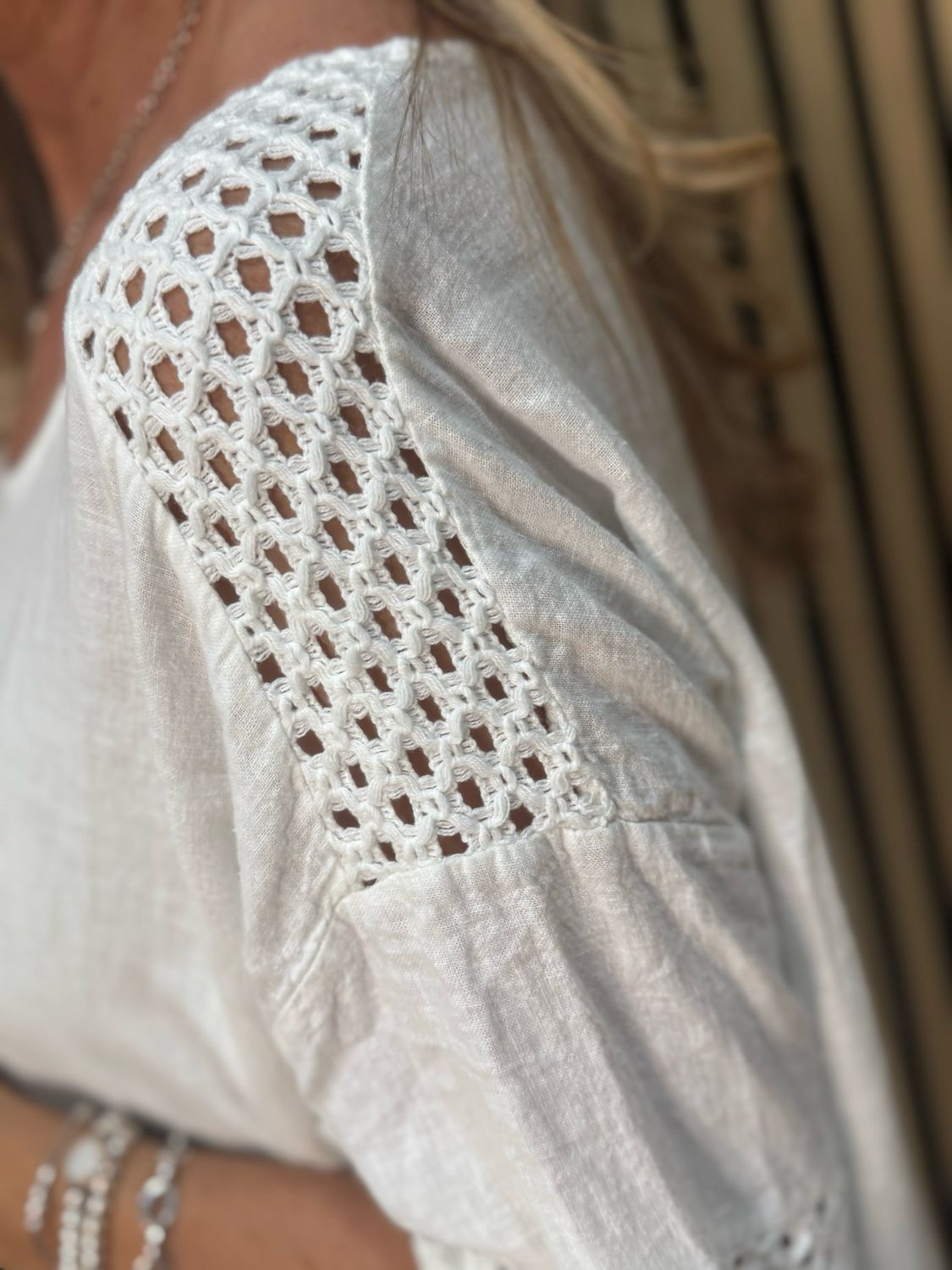 Crochet Detail Linen Blend Top - White