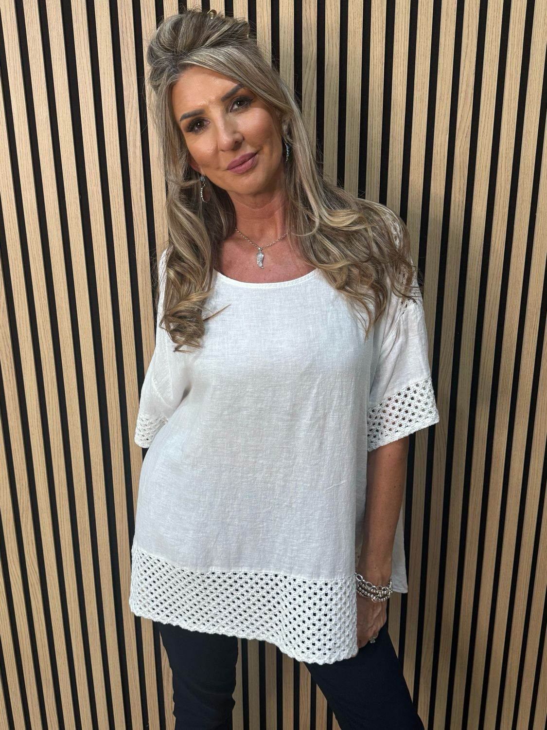 Crochet Detail Linen Blend Top - White