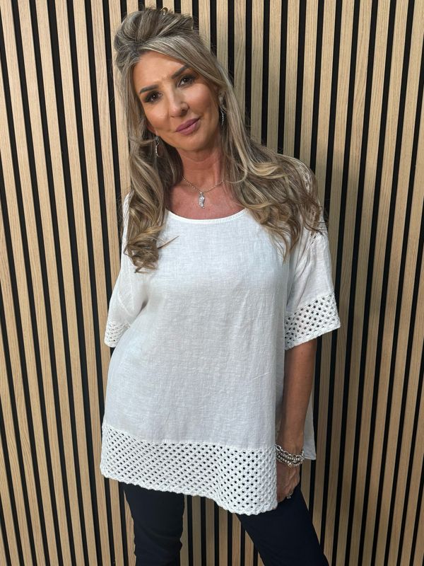 Crochet Detail Linen Blend Top - White