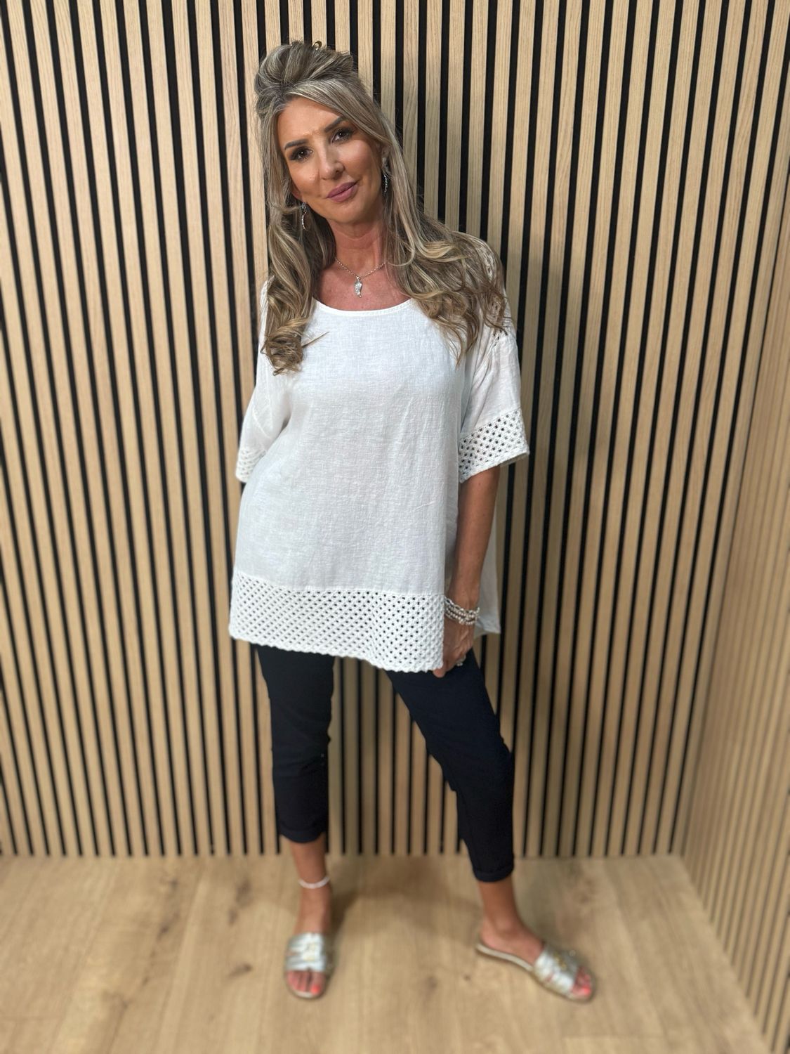 Crochet Detail Linen Blend Top - White