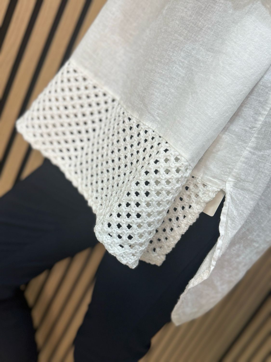 Crochet Detail Linen Blend Top - White