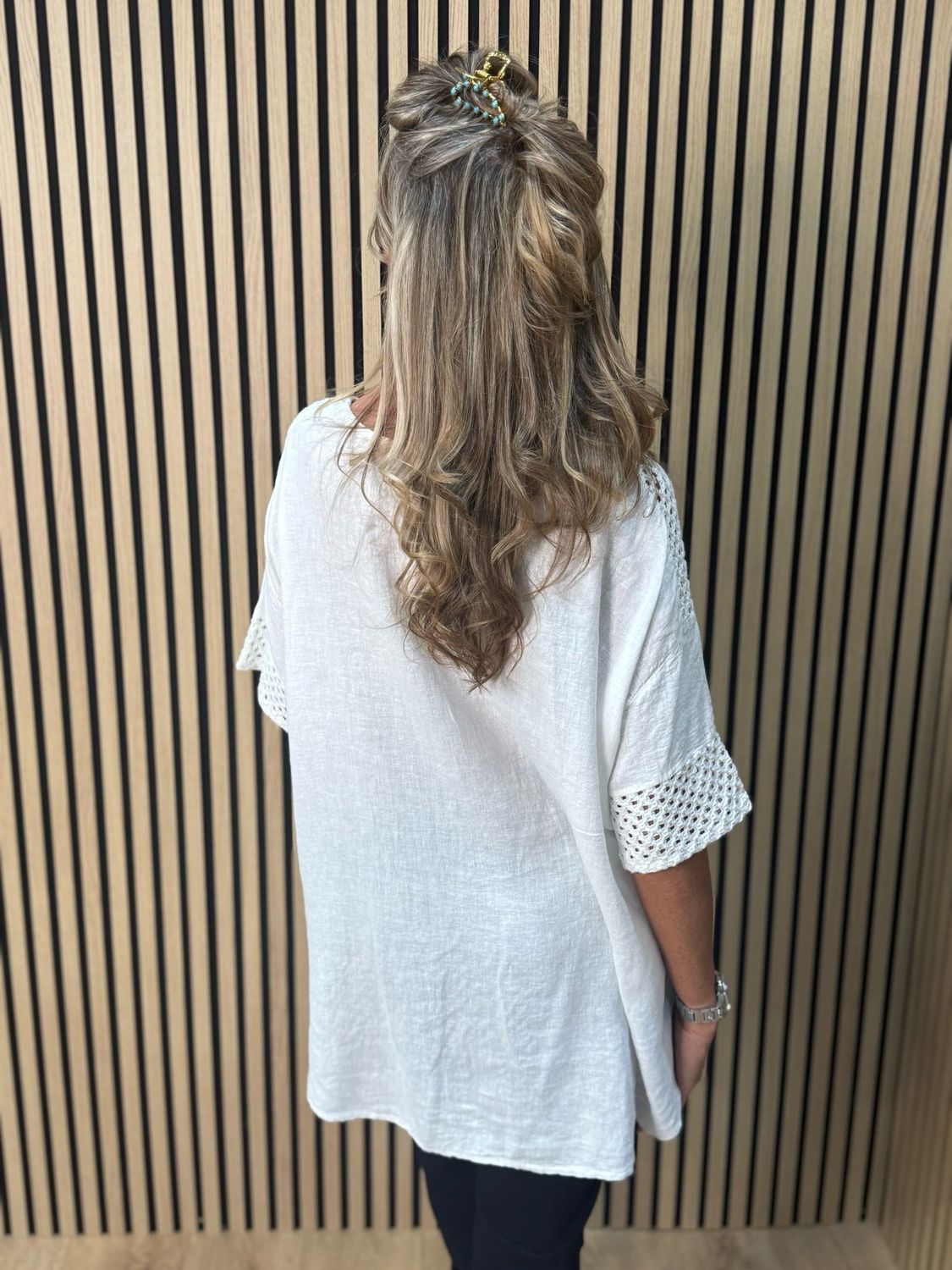 Crochet Detail Linen Blend Top - White