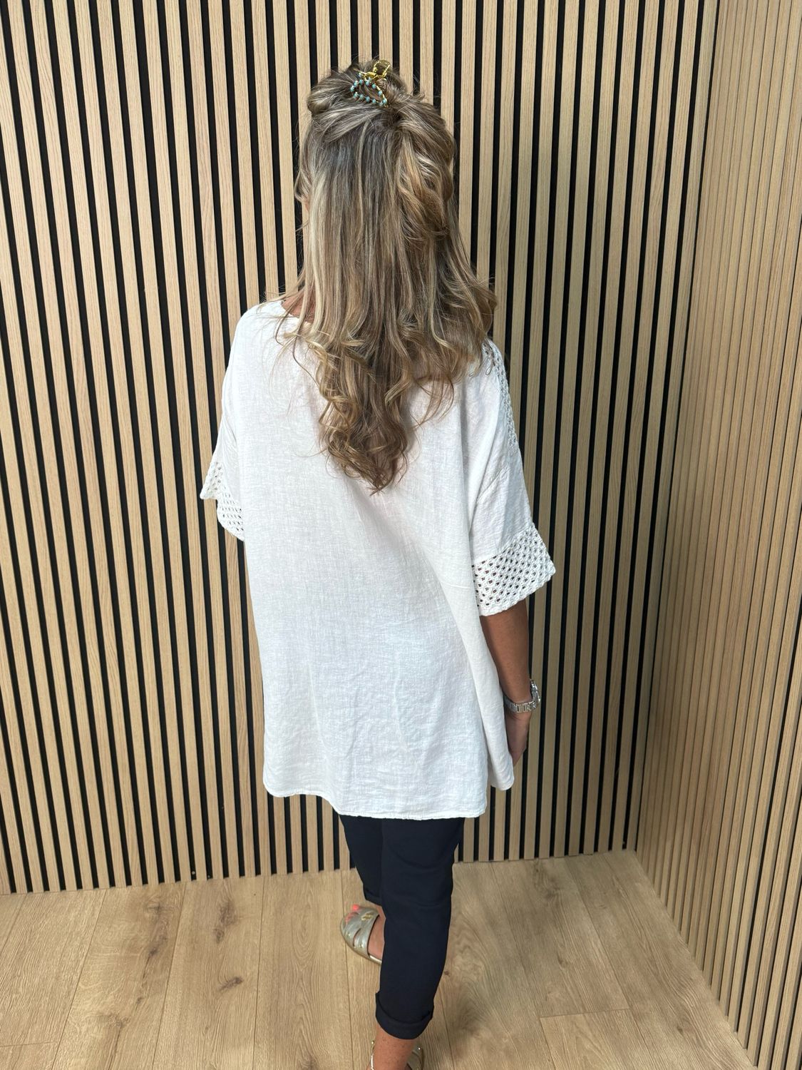 Crochet Detail Linen Blend Top - White