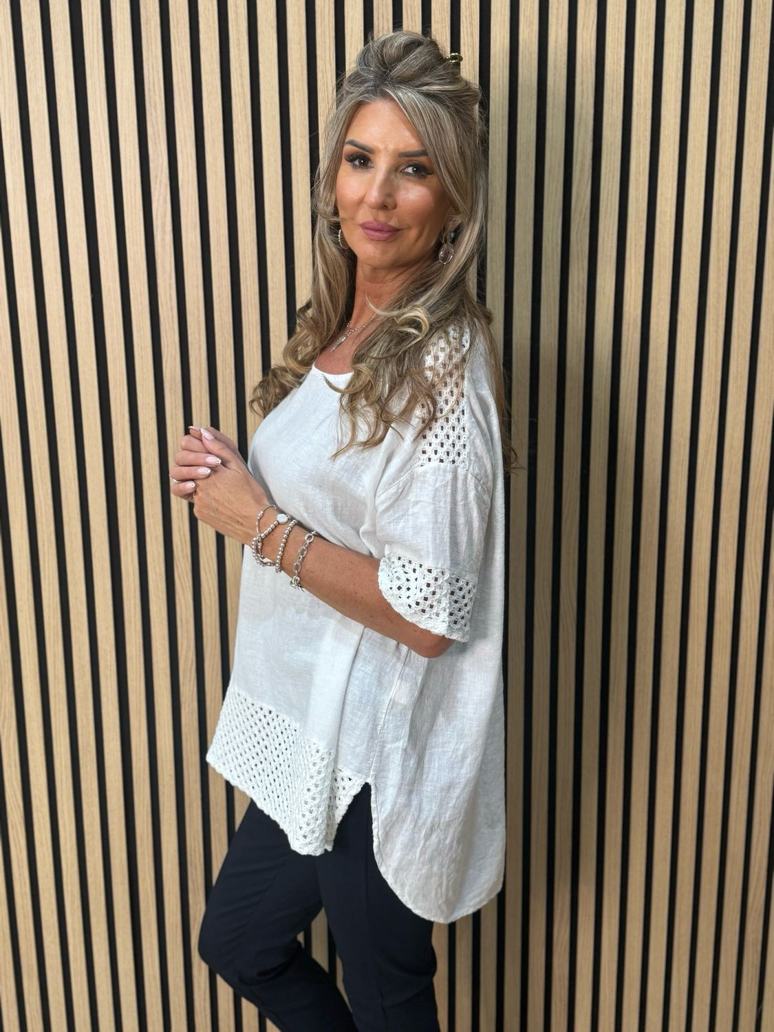 Crochet Detail Linen Blend Top - White