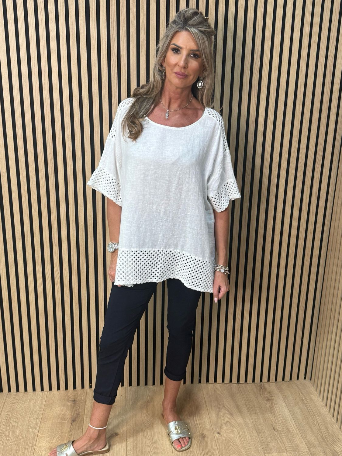 Crochet Detail Linen Blend Top - White
