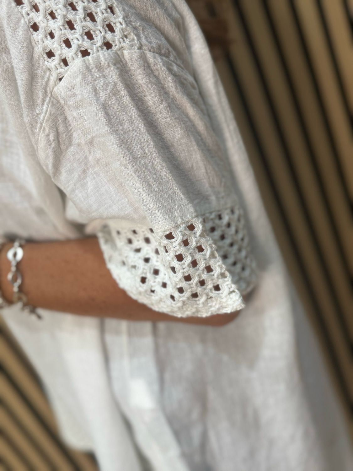 Crochet Detail Linen Blend Top - White