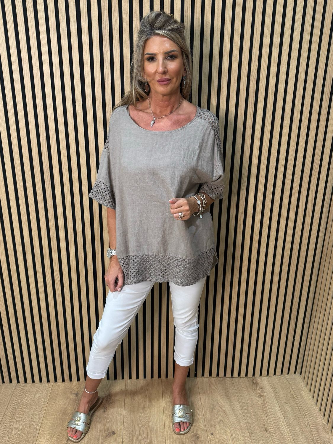 Crochet Detail Linen Blend Top - Taupe