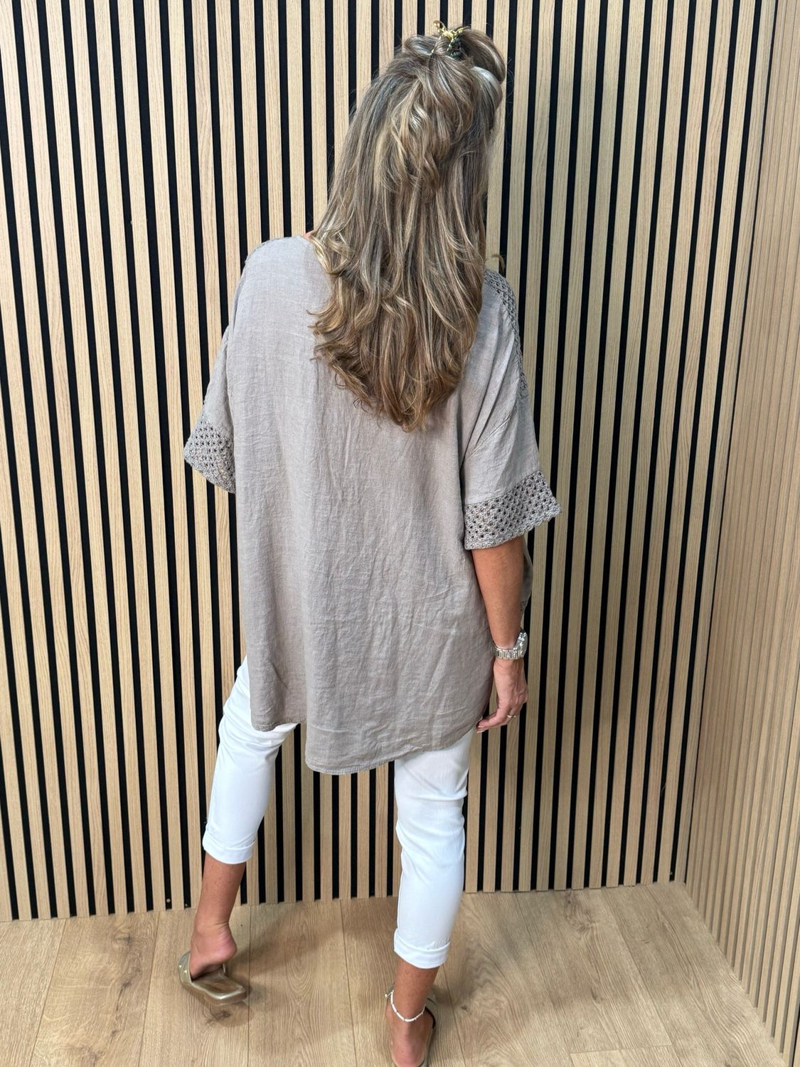 Crochet Detail Linen Blend Top - Taupe