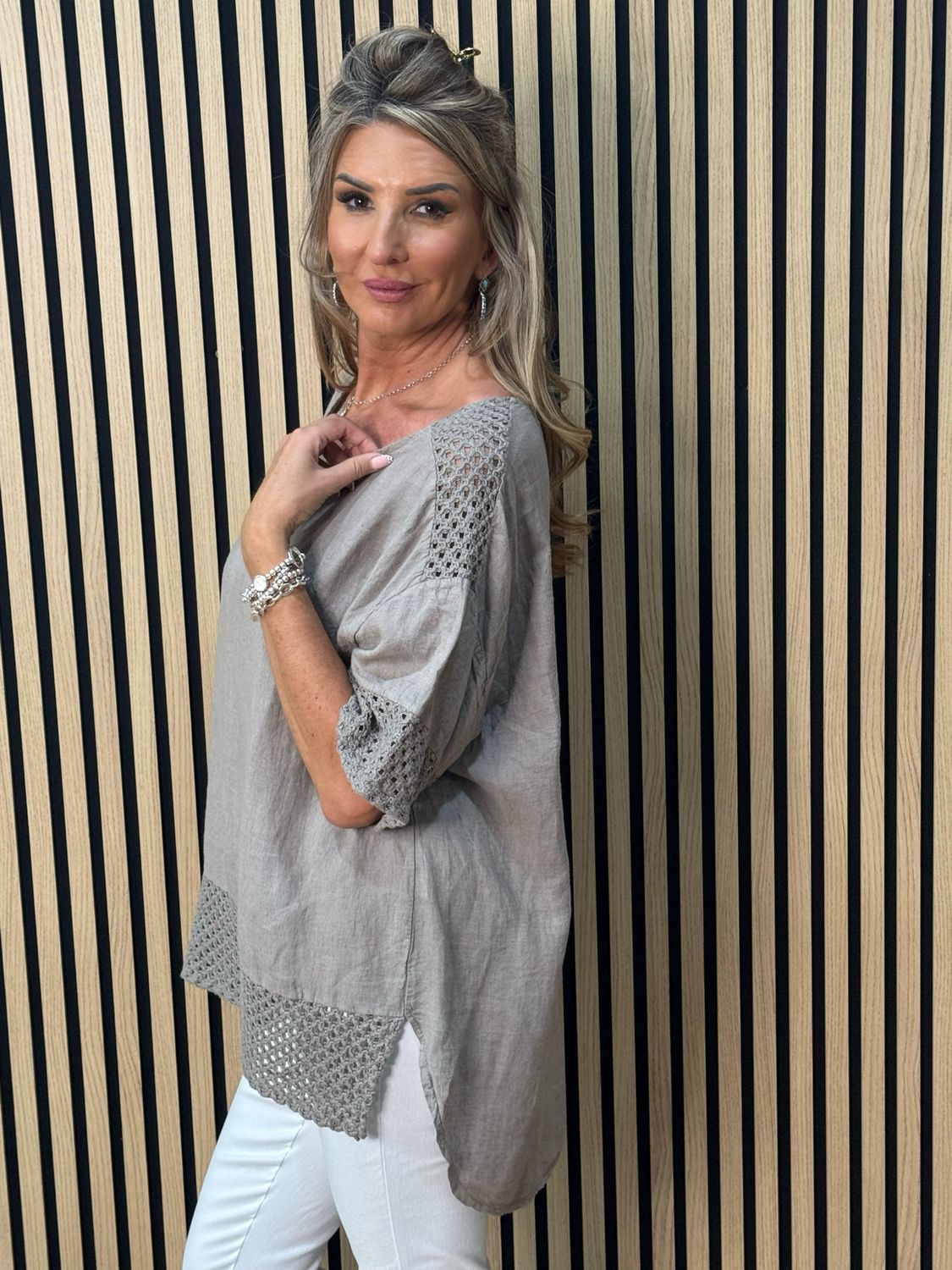 Crochet Detail Linen Blend Top - Taupe