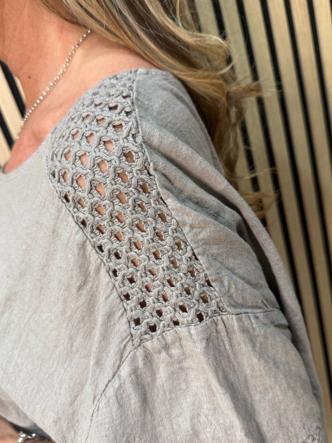 Crochet Detail Linen Blend Top - Taupe
