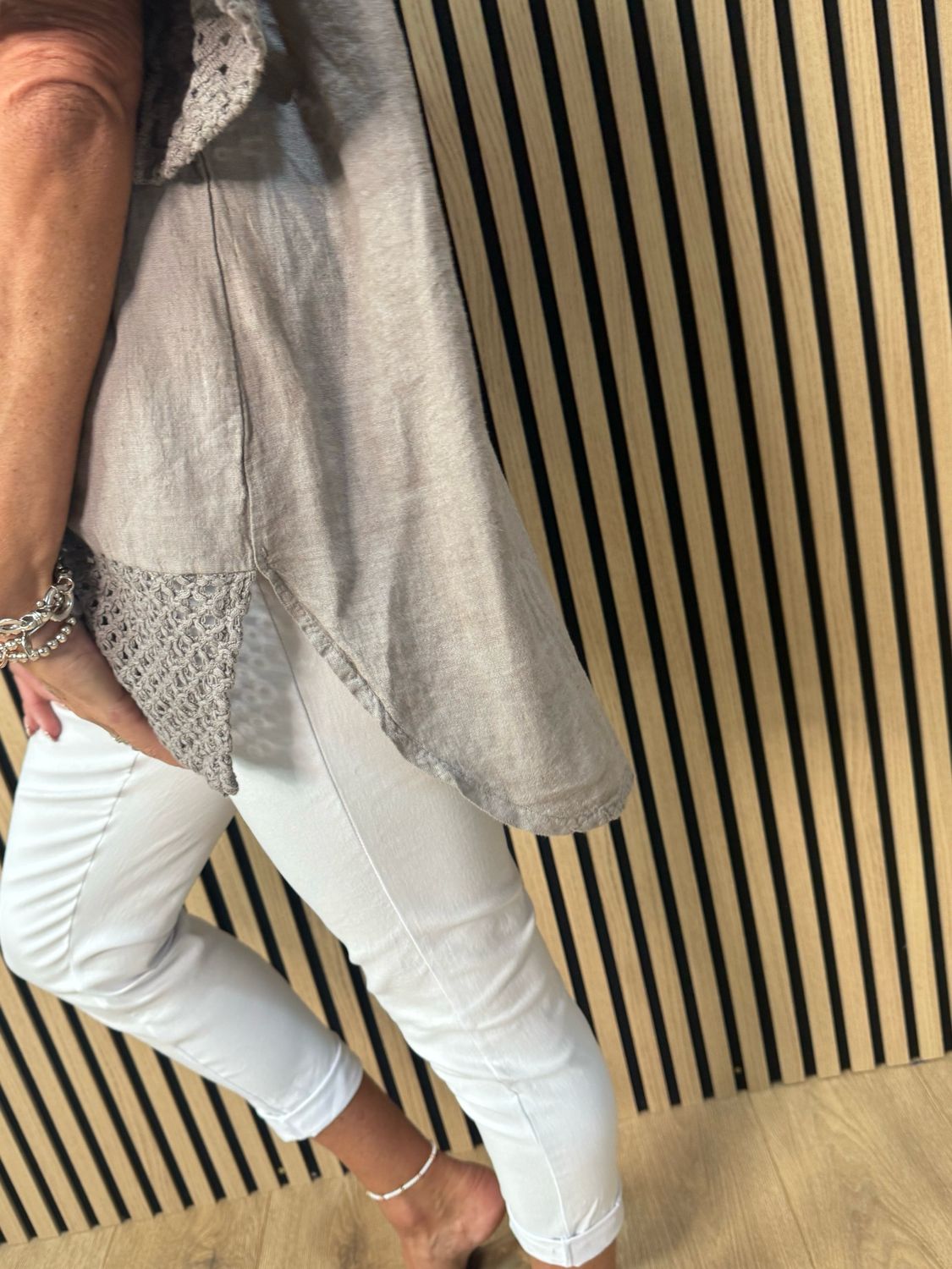 Crochet Detail Linen Blend Top - Taupe