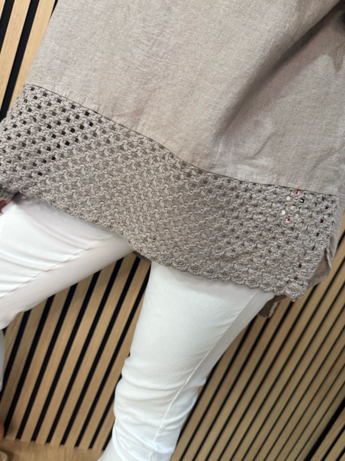 Crochet Detail Linen Blend Top - Taupe