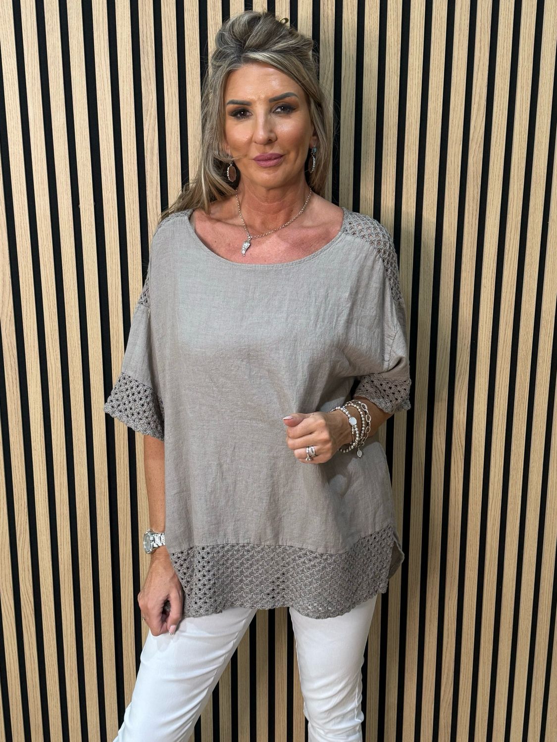 Crochet Detail Linen Blend Top - Taupe
