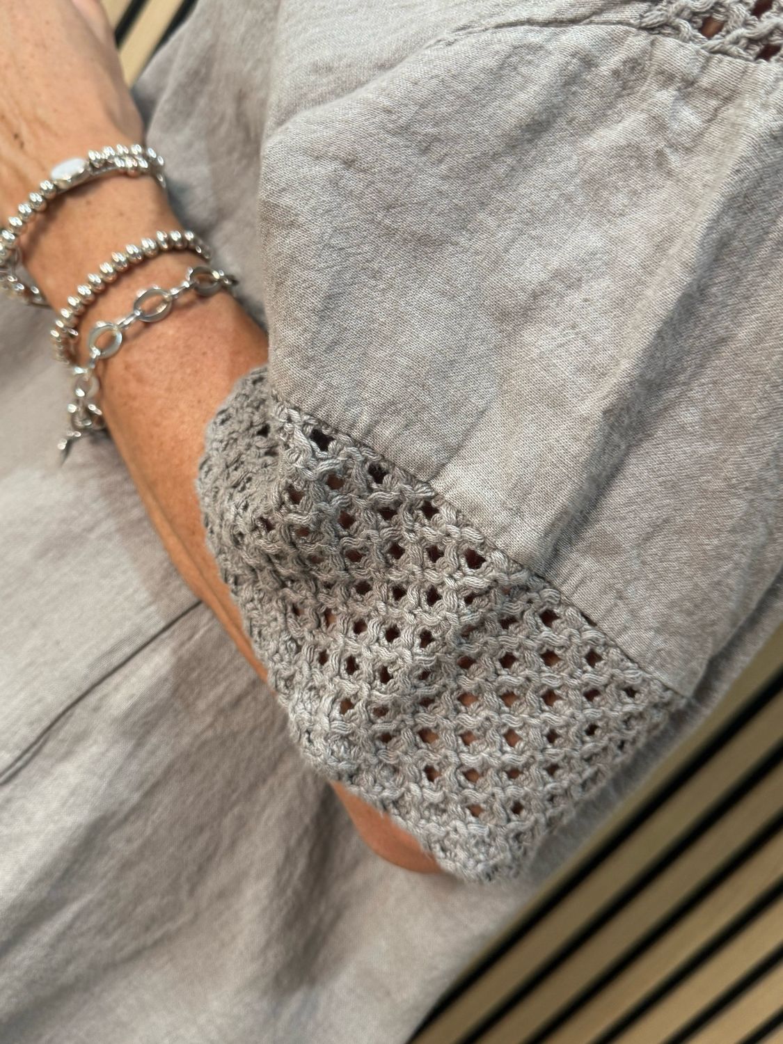 Crochet Detail Linen Blend Top - Taupe