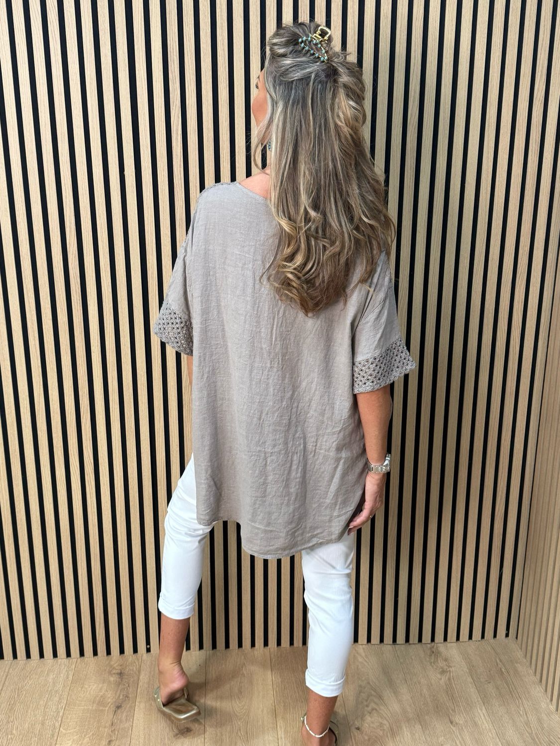 Crochet Detail Linen Blend Top - Taupe