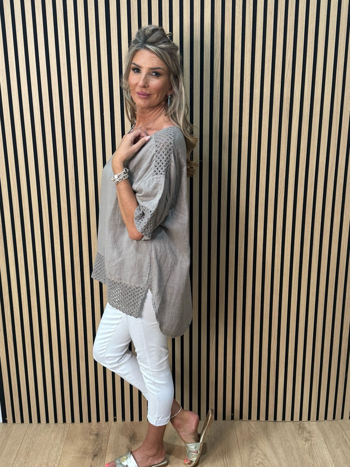 Crochet Detail Linen Blend Top - Taupe